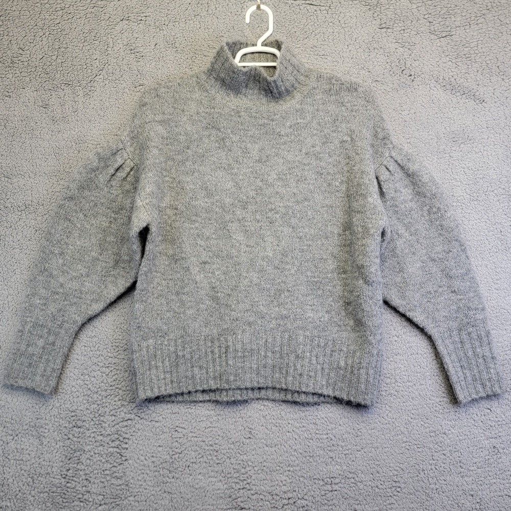 Express Knit Sweater Women's Medium Gray High Neck Oversized Puff Sleeve Top‎